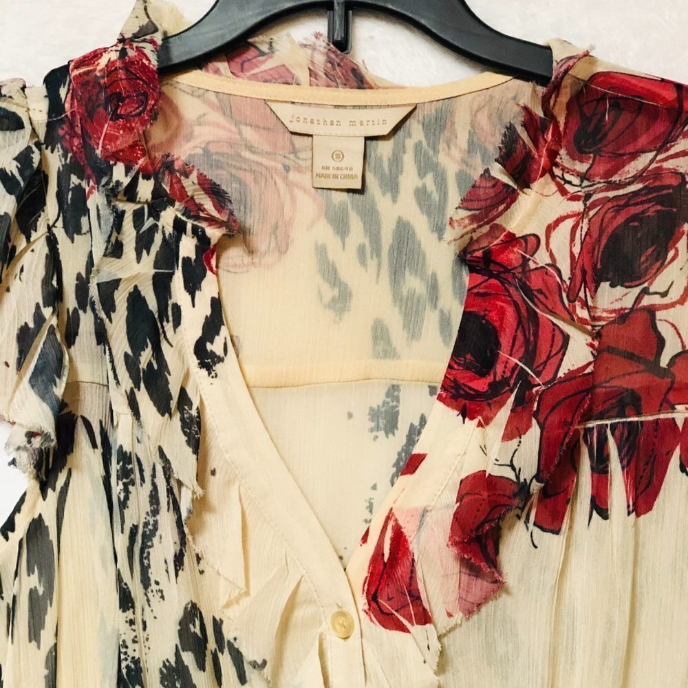 Jonathan Martin Floral and Cheetah Sheer Ruffle Button Down Blouse Size Small - Picture 3 of 7